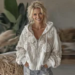 Women's Vintage White Rose Embroidery Cozy Warm Zipper Hoodie - Image 2