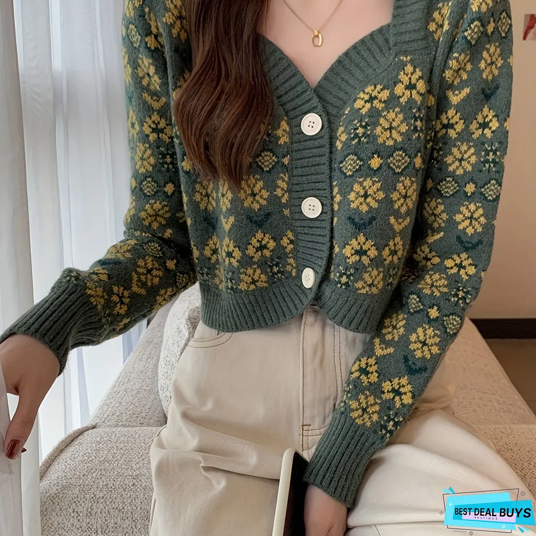 Floral Pattern Button Down Knit Cardigan, Cute Long Sleeve Crop Sweater, Women's Clothing