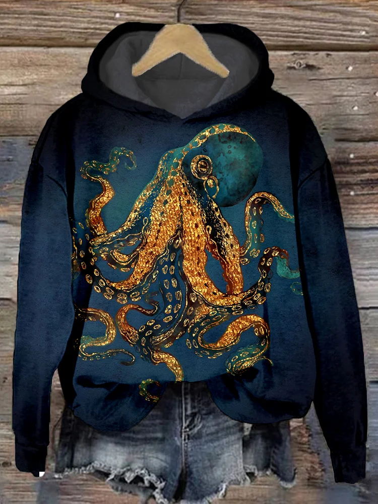 Comstylish Ocean Octopus Oil Painting Art Comfy Hoodie