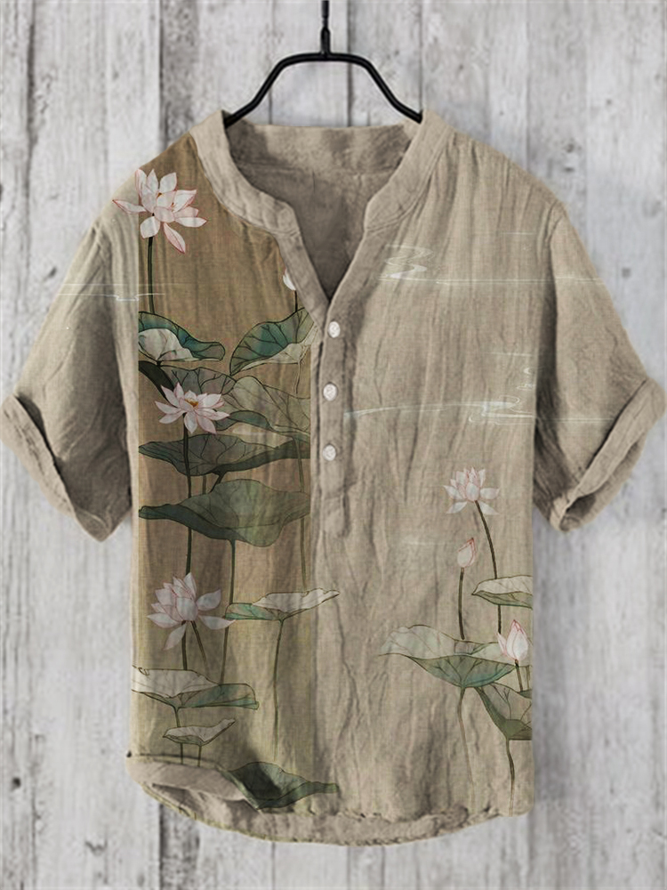 Comstylish Lotus Japanese Art Linen Blend Shirt