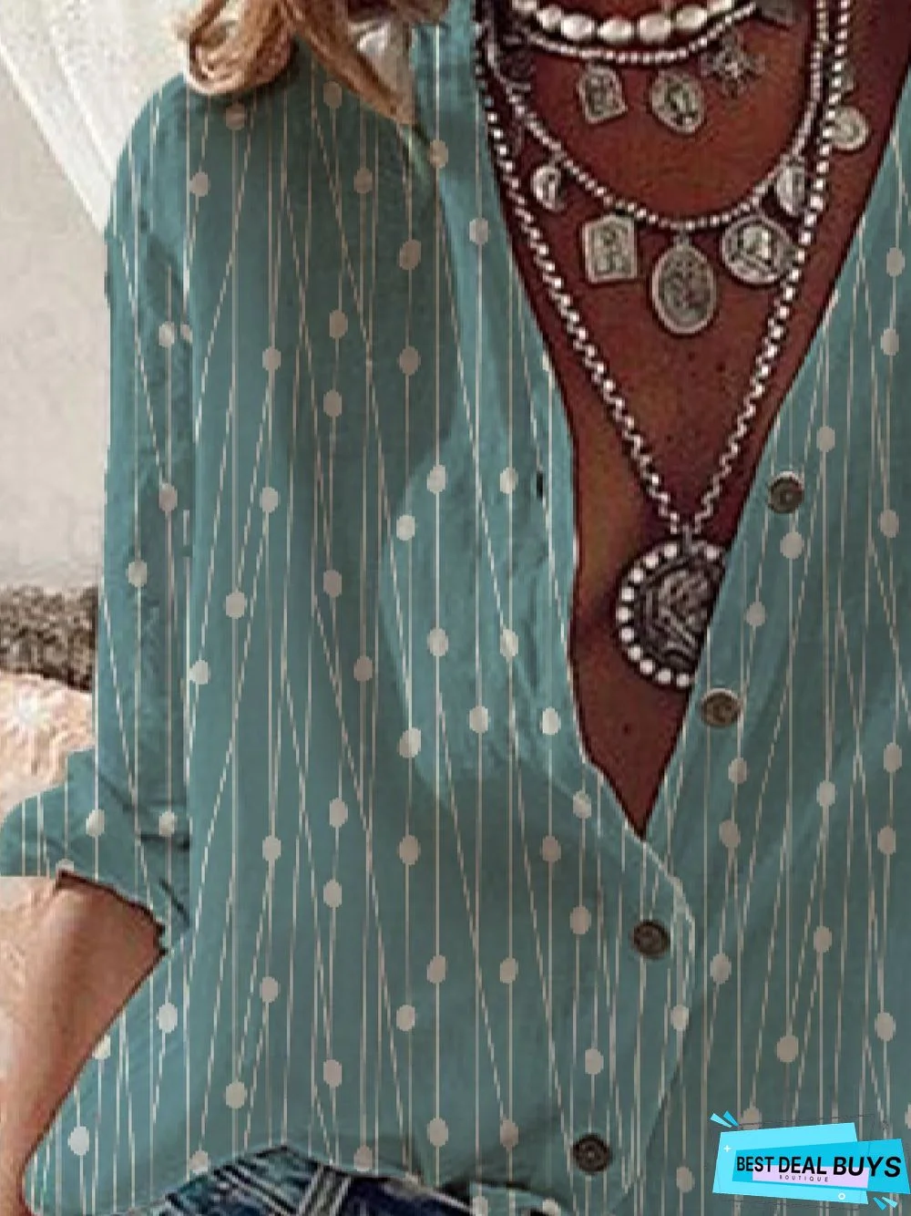 Casual Geometric Stand Collar Loose Long Sleeve Blouse