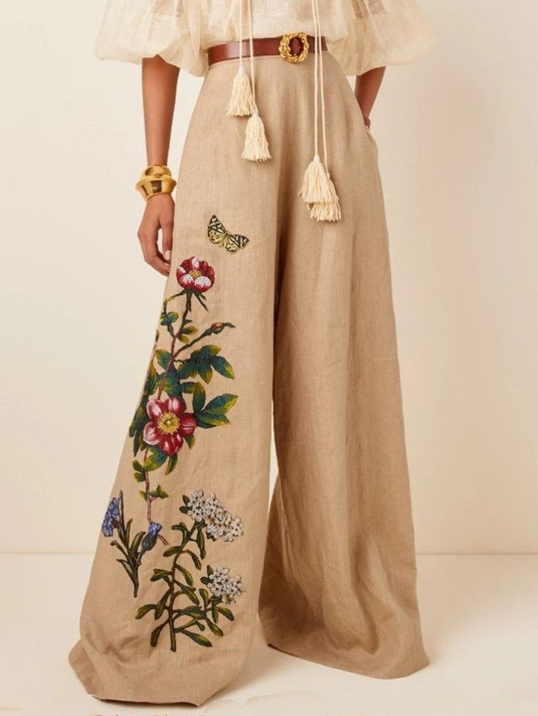 High Rise Floral Plant Pattern Wide Leg Casual Pants