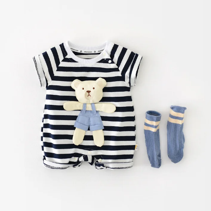 Baby Boy/Girl Stripe Bear Print/3D Crewneck Short Sleeve Romper