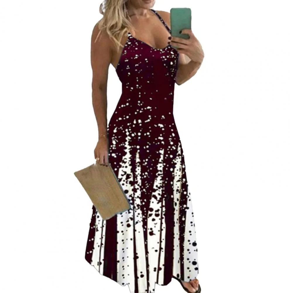 2023  V-neck Spaghetti Straps Large Hem Maxi Dress Dot Print Waist Tight Long Dress Summer Women's Sling Dresses Streetwear