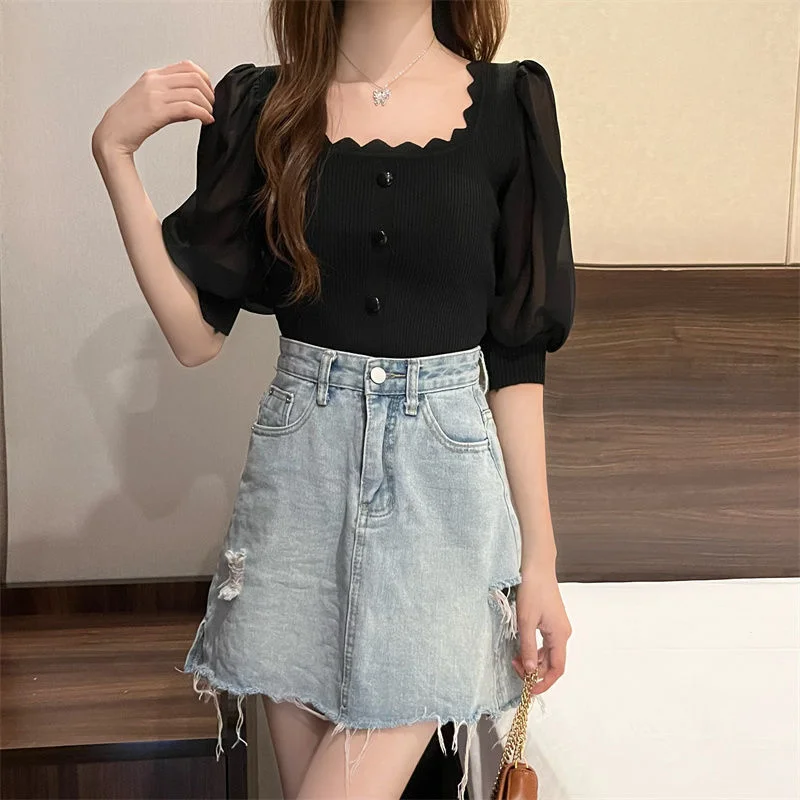 Uveng Uveng Korean Version Of The Small Fragrant Collarbone Design Shirt Short Bubble Sleeve Ice Silk Knitted Short-Sleeved T-Shirt Tide