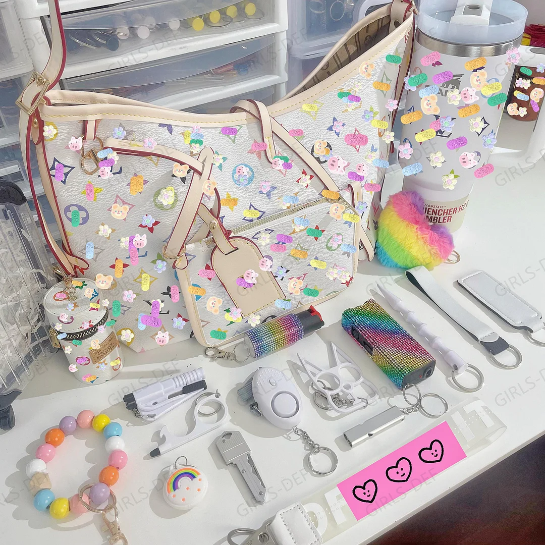 (RAINBOW) Jumbo French Designer Rainbow Tote Bag with mini rainbow bag self defense keychain and rainbow tumbler