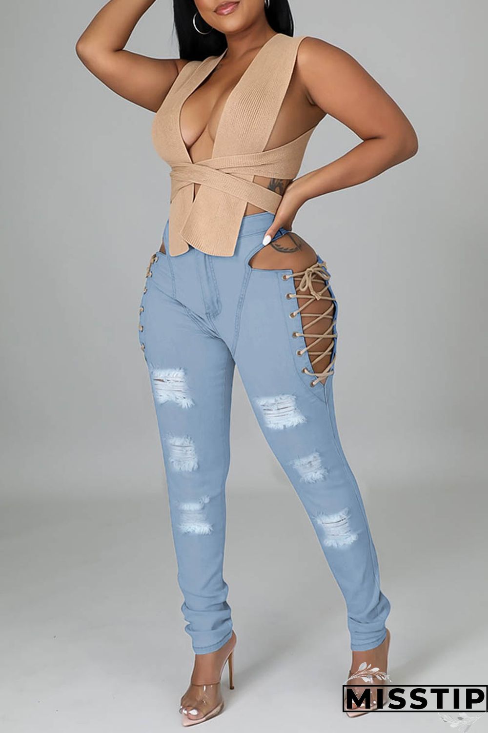 Light Blue Casual Solid Ripped Hollowed Out Frenulum Mid Waist Skinny Denim Jeans