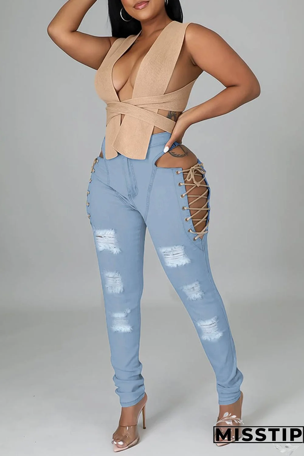 Light Blue Casual Solid Ripped Hollowed Out Frenulum Mid Waist Skinny Denim Jeans