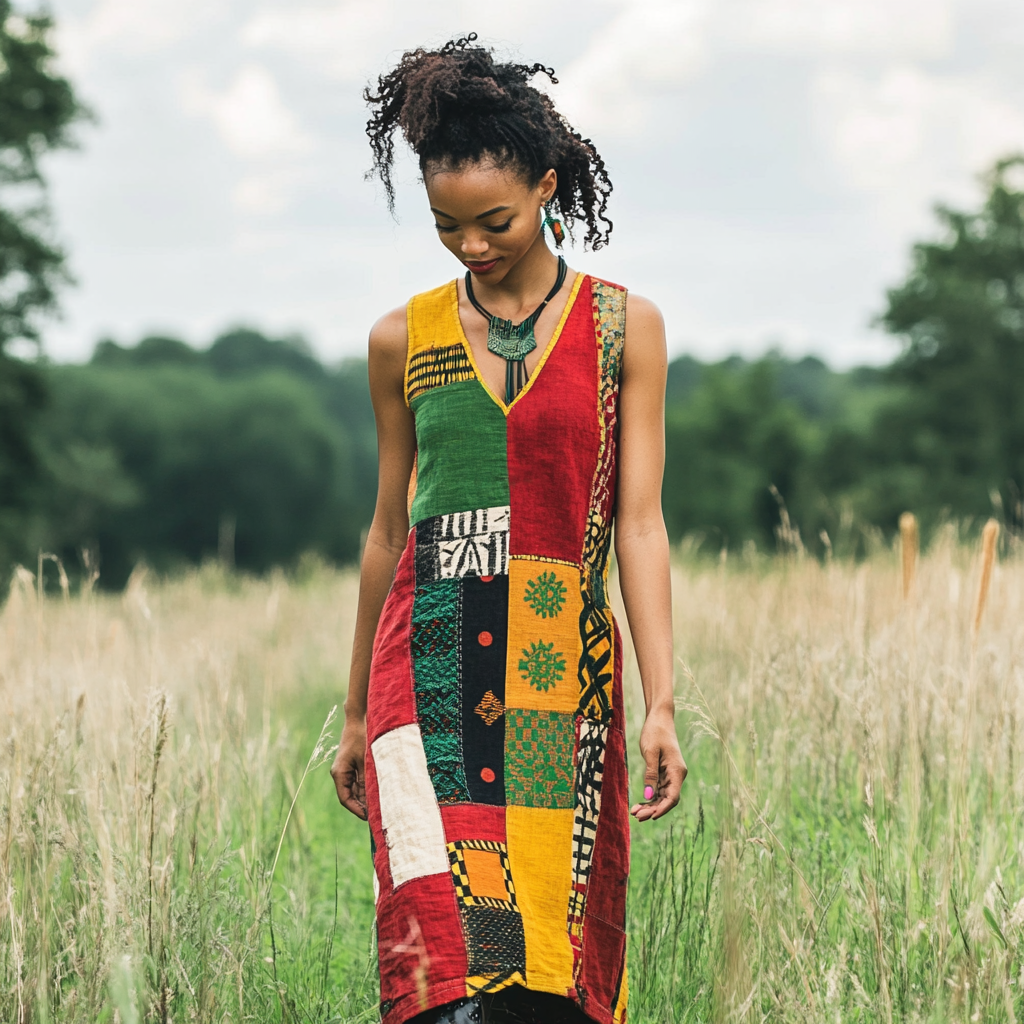Women's African Colorful Patchwork Ethnic Art Linen Slip Dress