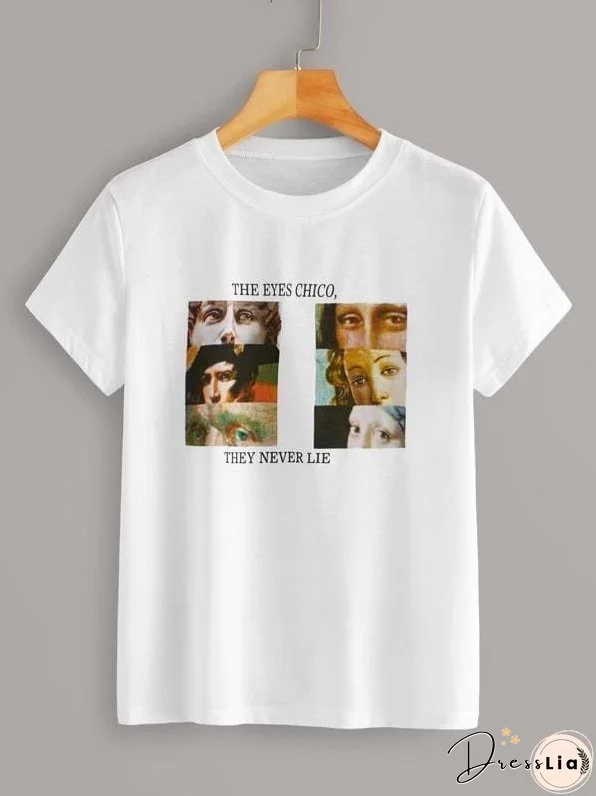 Figure & Letter Print Round Neck Tee for Women