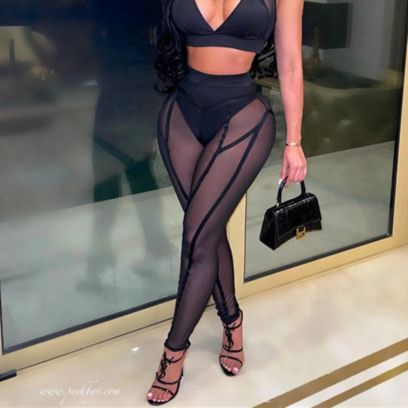 hirigin Sexy Perspective Mesh High Waist Hip Slim Sports Casual Pants Fashion Patchwork Sheer Women Leggings Fitness Clothing