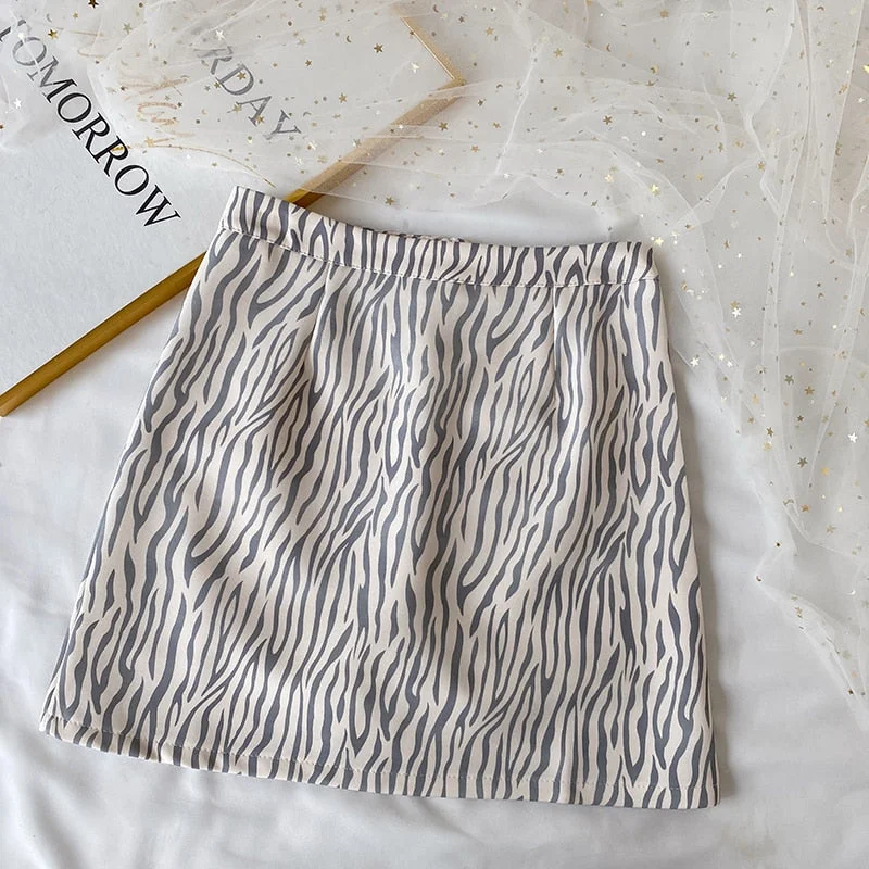 Zoki Elegant Leopard Women Mini Skirt High Waist A Line Zebra Striped Fashion Korean Slim A Line Zipper Mujer Faldas New 2021