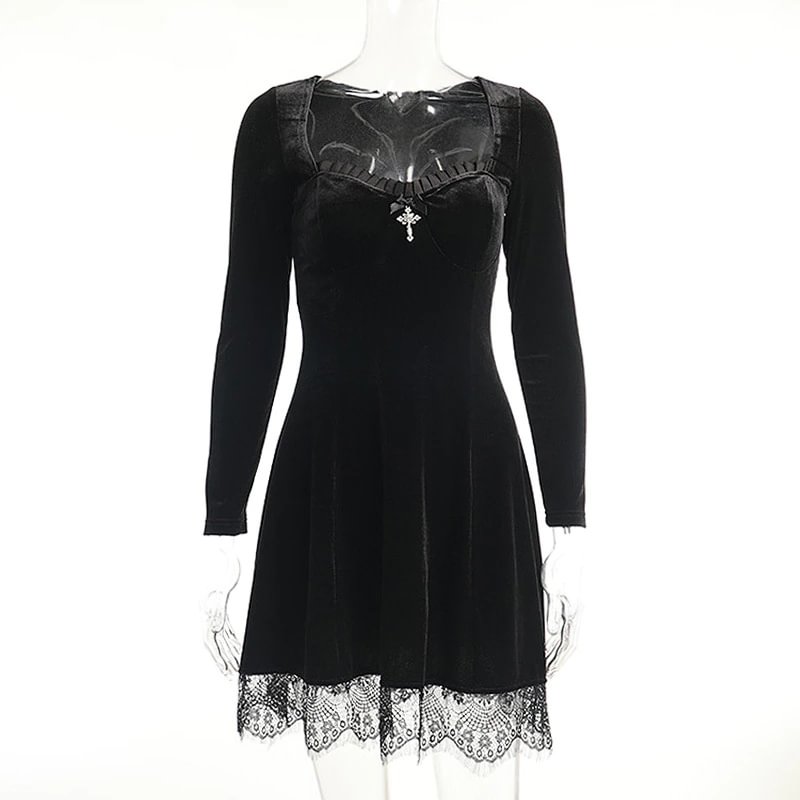 Fongt Dark Vintage Gothic Velour Autumn Dresses For Women Alt Clothes Grunge Long Sleeve Bodycon Partywear Lace Trim A-Line Dress