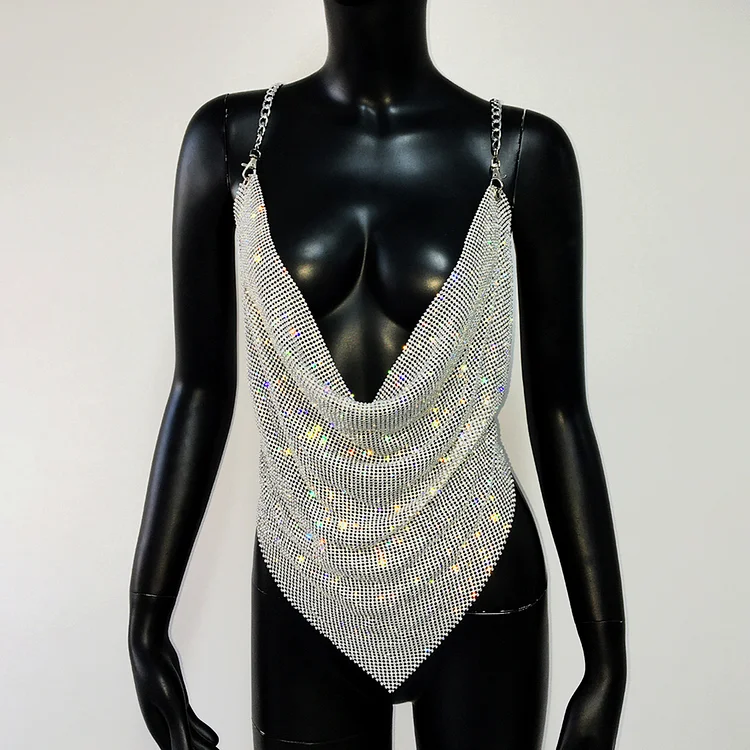 Party Rhinestone Embellished Cowl Neck Chain Straps Top