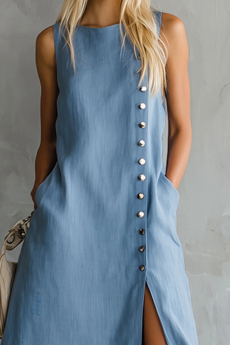 Round Neck Side Slit Sleeveless Cotton Midi Dress
