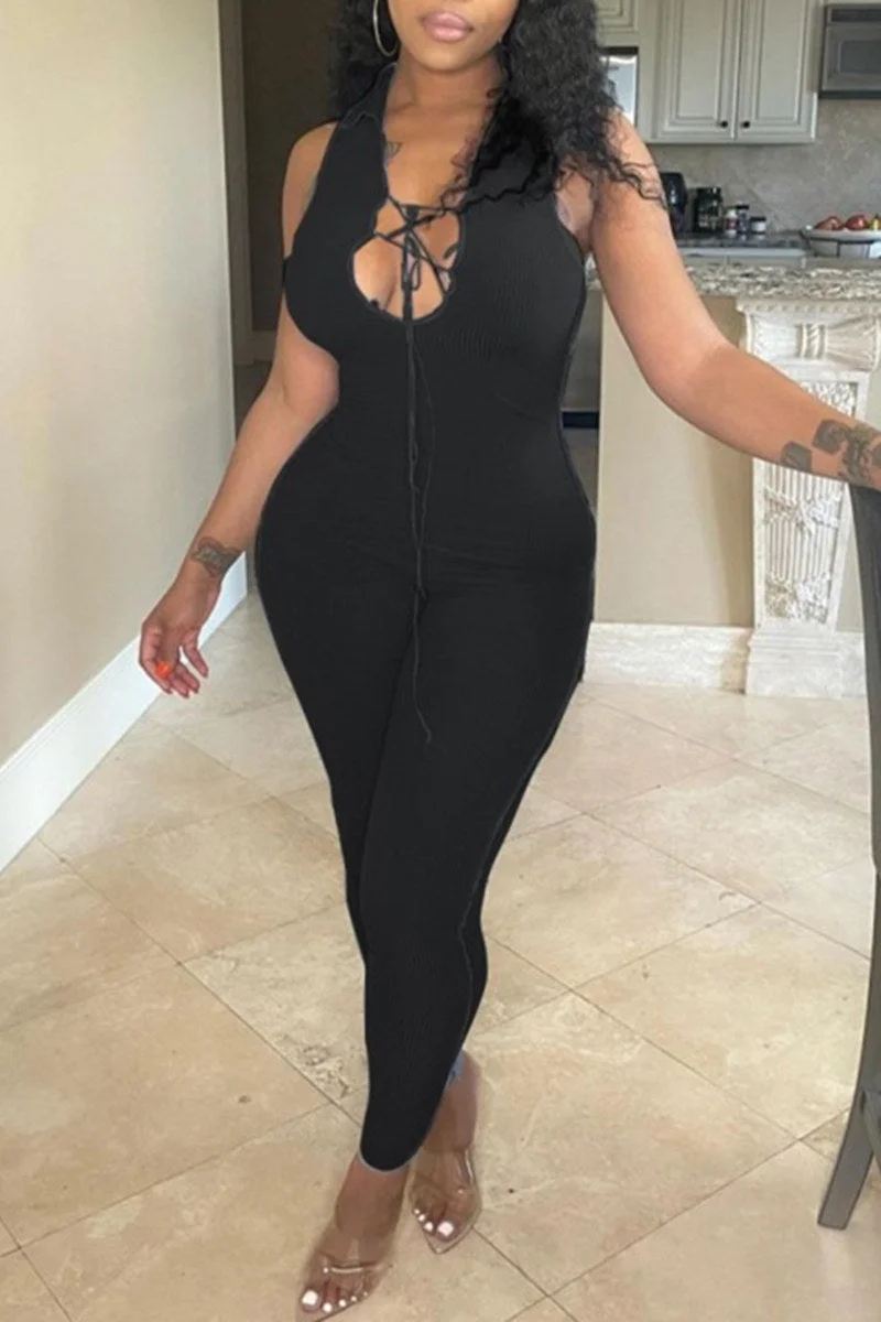 Fashion Sexy Solid Hollowed Out U Neck Skinny Jumpsuits