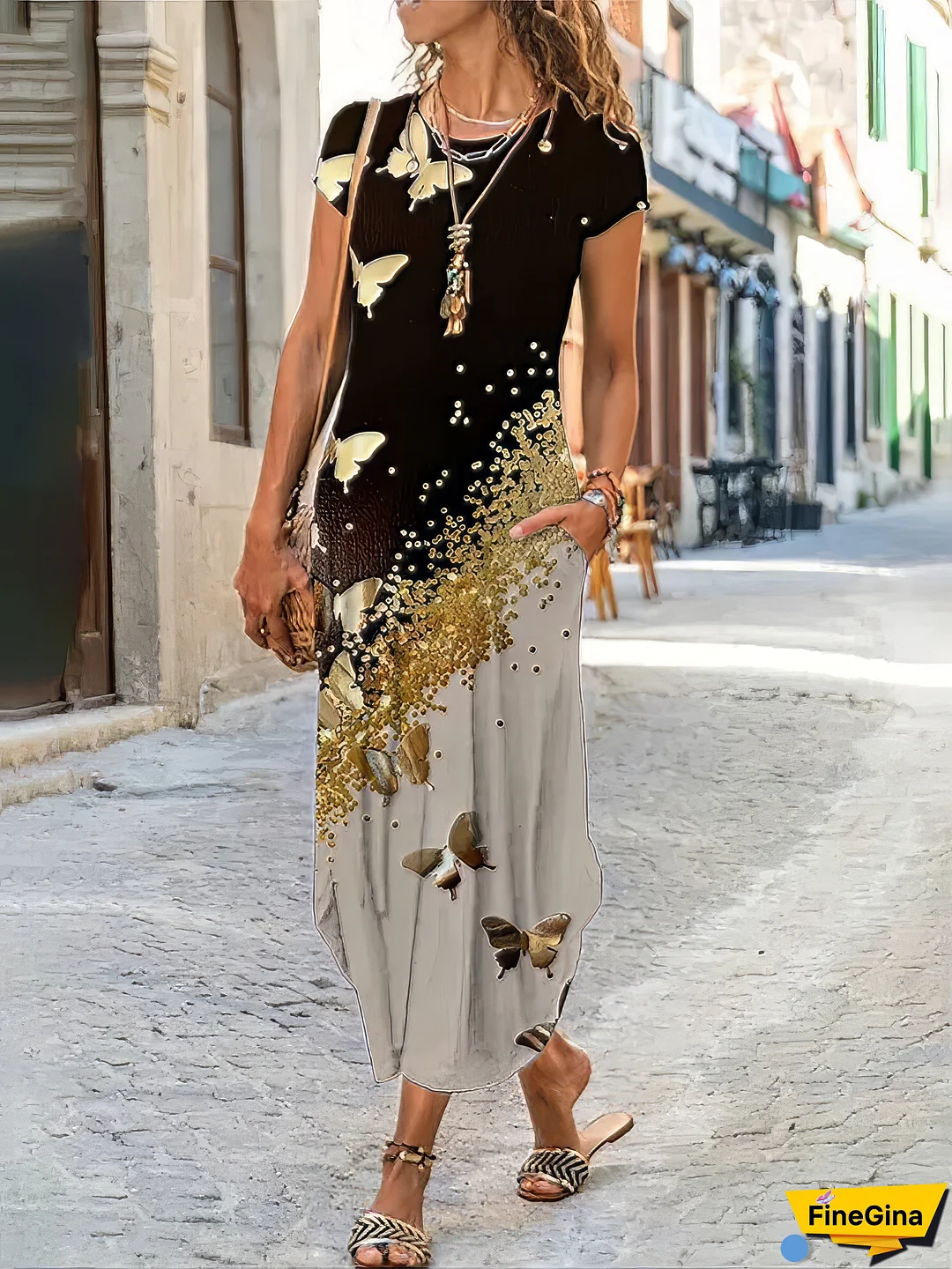 Shift Floral Pocket Print Crew Neck Casual Maxi Dress