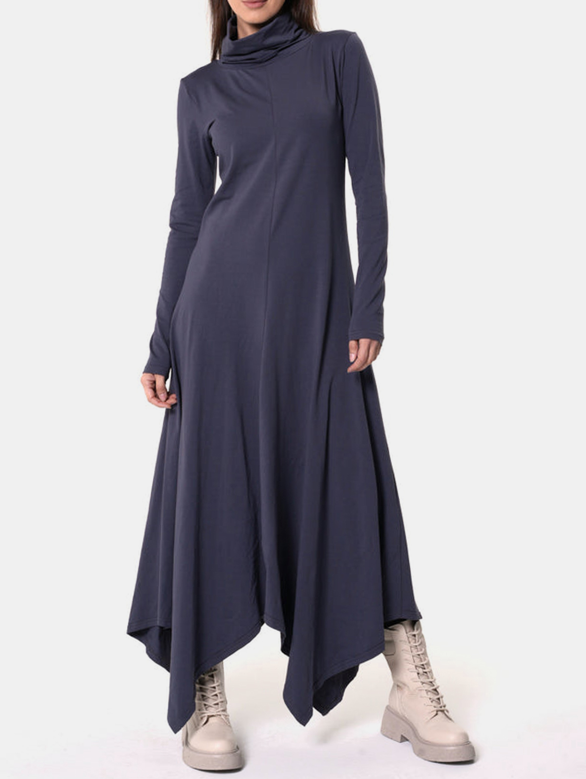 Casual Cowl Neck Long Sleeve Irregular Hem Maxi Dress