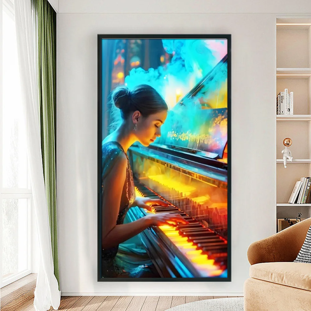 Full Embroidery Eco-cotton Thread 14CT Stamped Cross Stitch - Girl Piano(Canvas|40*70CM)
