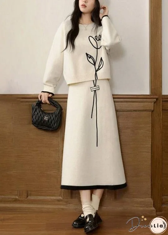 Stylish Beige O Neck Sweaters And Skirts Knit Two Pieces Set Winter