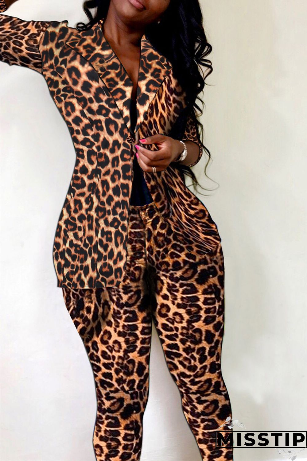 Colour Fashion Casual Print Cardigan Pants Turndown Collar Long Sleeve Two Pieces