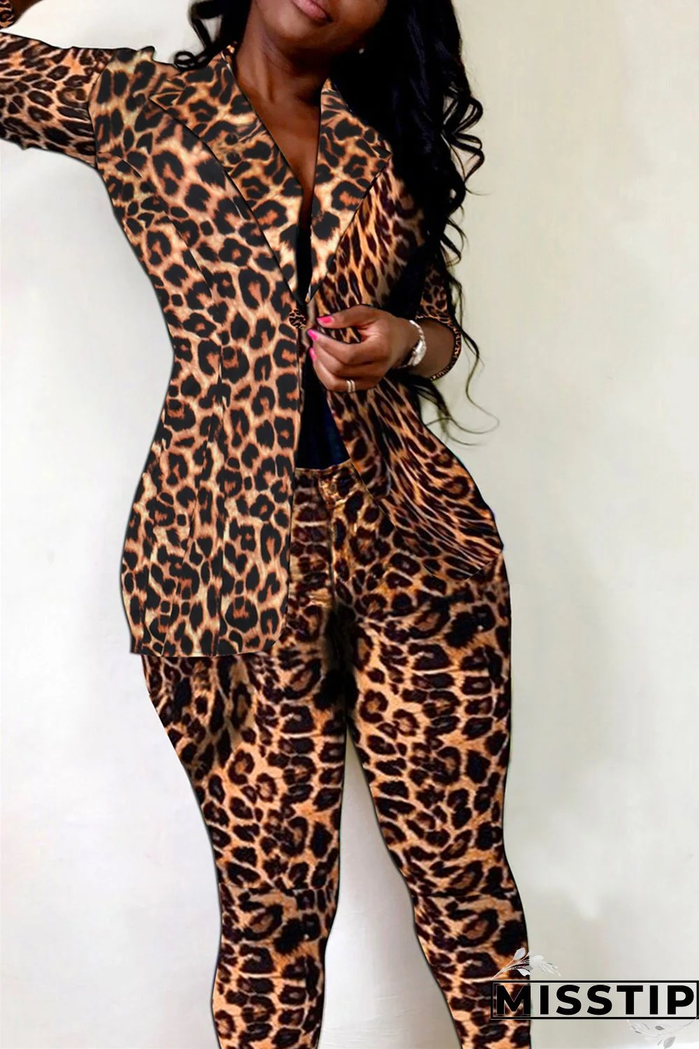 Colour Fashion Casual Print Cardigan Pants Turndown Collar Long Sleeve Two Pieces