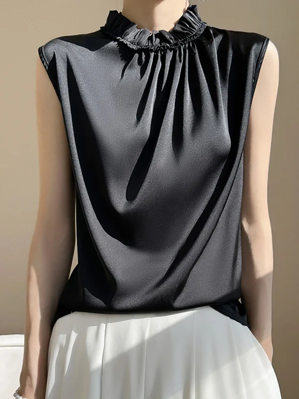 Solid Color Ruffle Trim Pleated Sleeveless Loose Stand Collar Vest Top