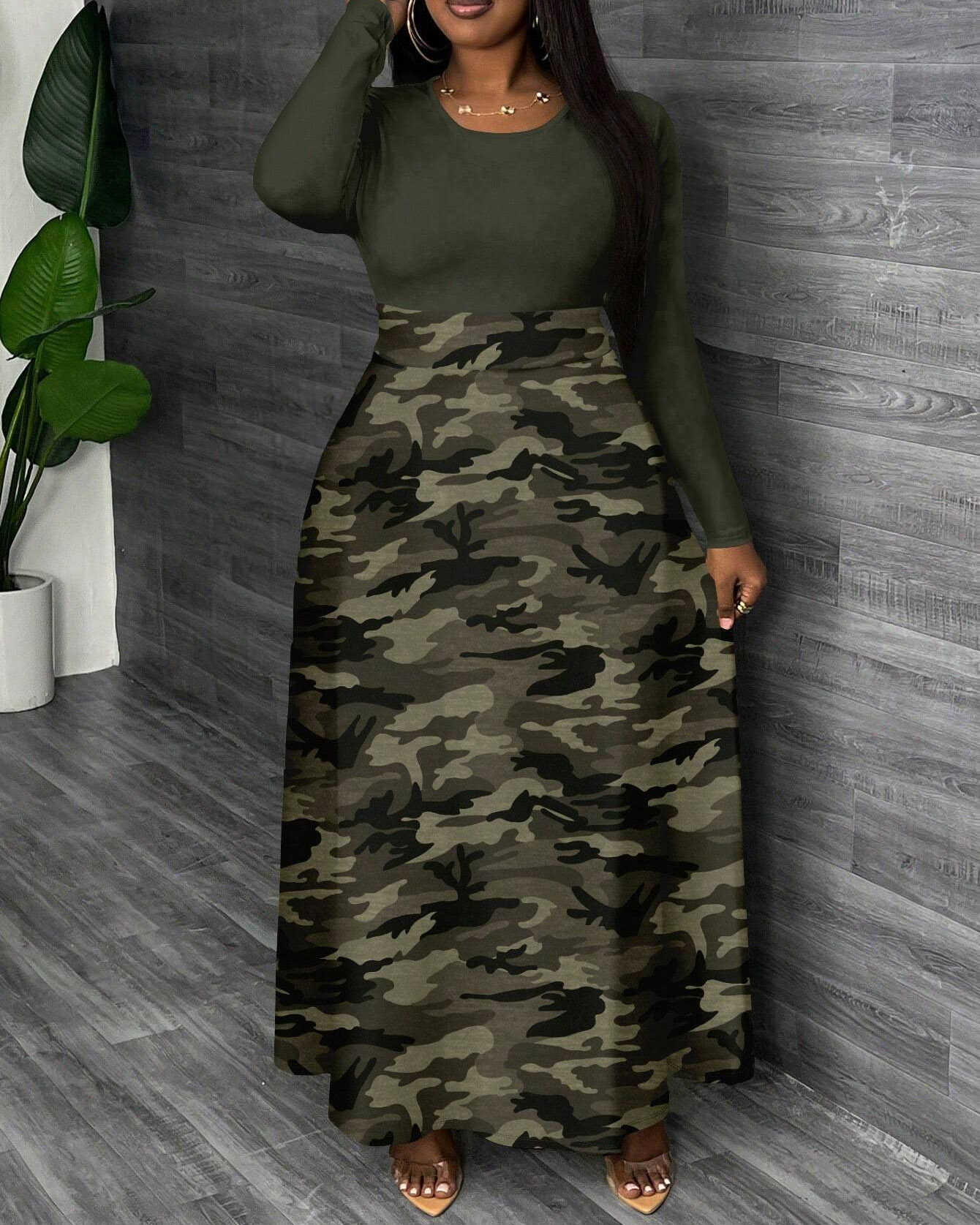 Classic Camouflage Patchwork Print Round Neck Long Sleeve Maxi Dress