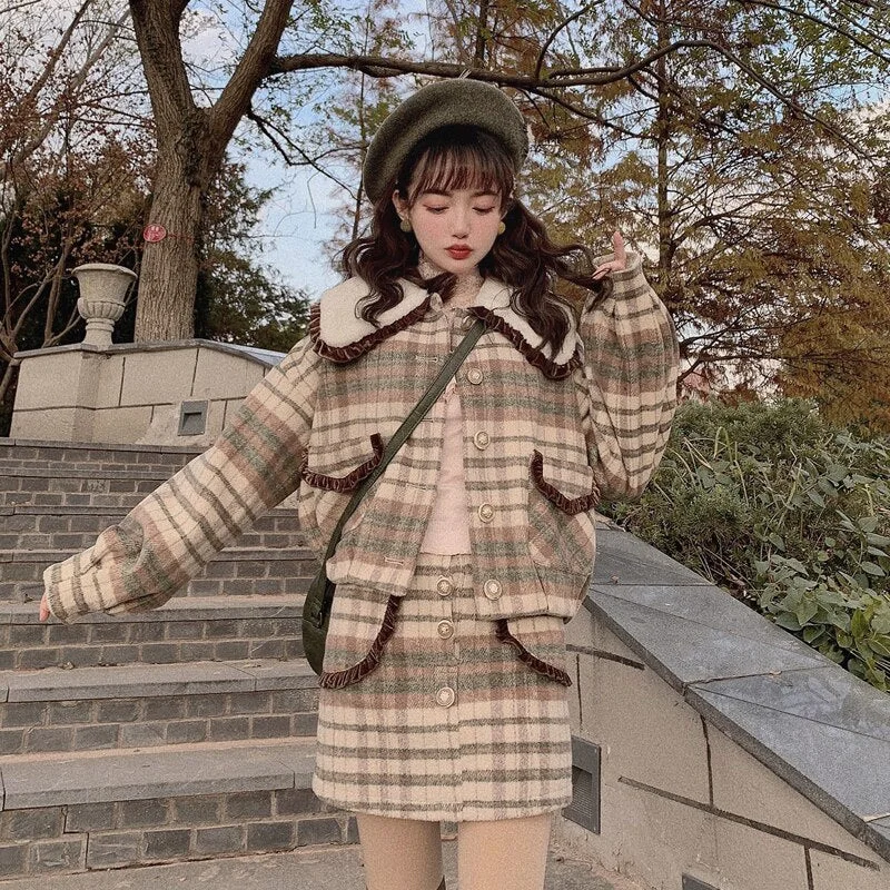 Japanese Fshion Sweet Princess Plaid Wool Short Coat Skirt Suit BE182