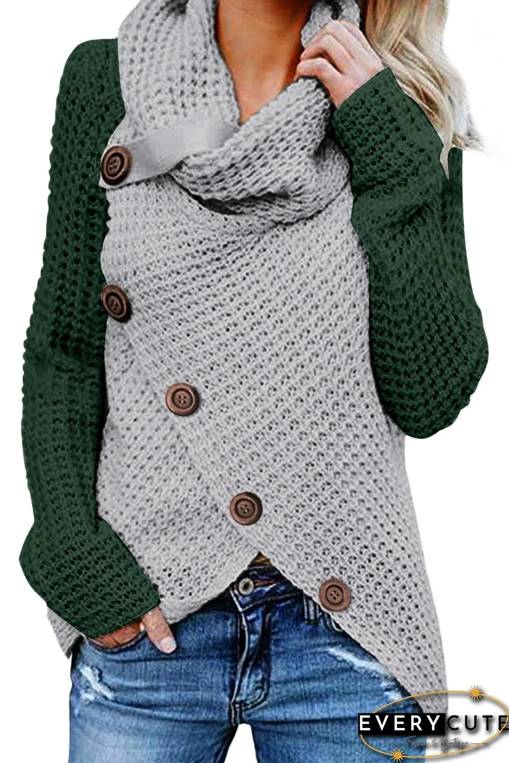 Green Button Turtle Cowl Neck Asymmetric Hem Wrap Pullover Sweater