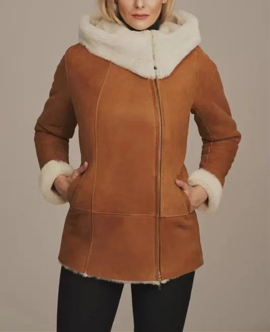 LADYSY Zip Long Sleeve Beltless Lapel Jacket Shearling Coat 