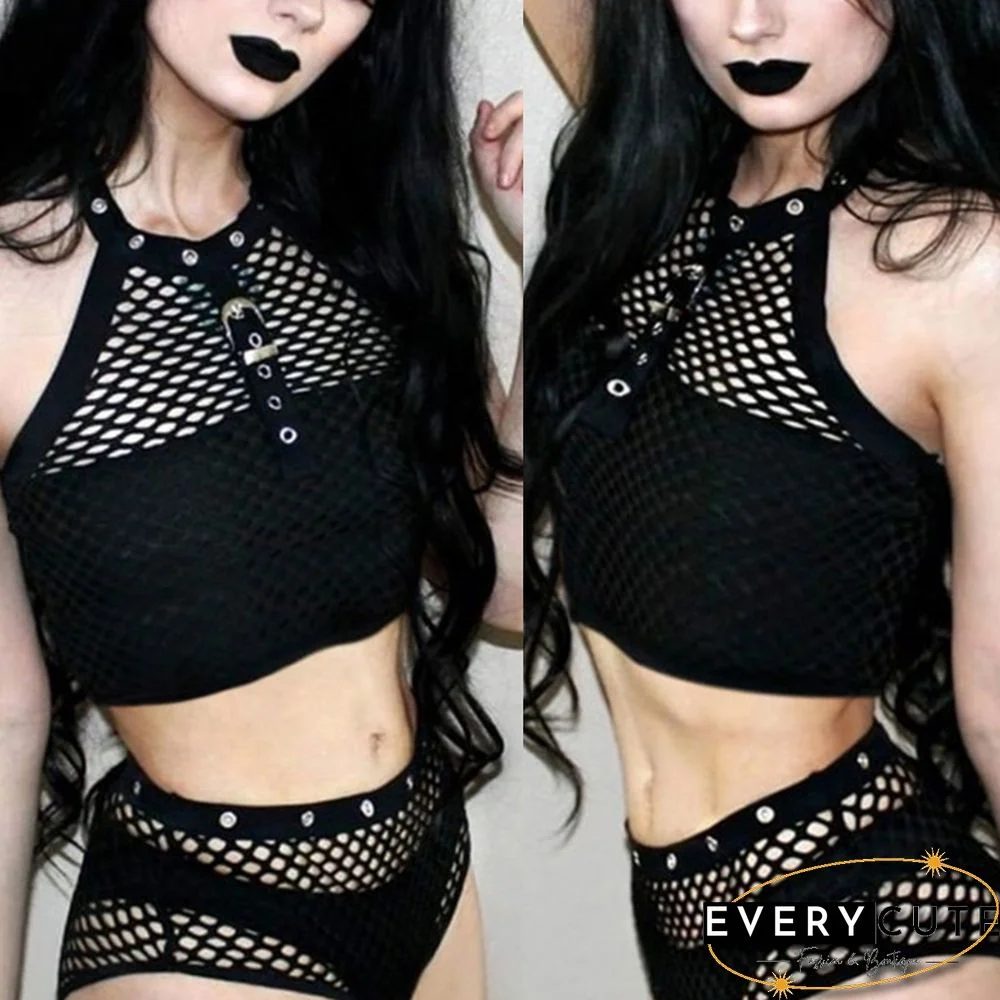 Women Teens Girls Juniors Halter Crop Top Gothic Punk Choker Metal Buckle Camisole Fishnet Mesh Black Vest Clubwear