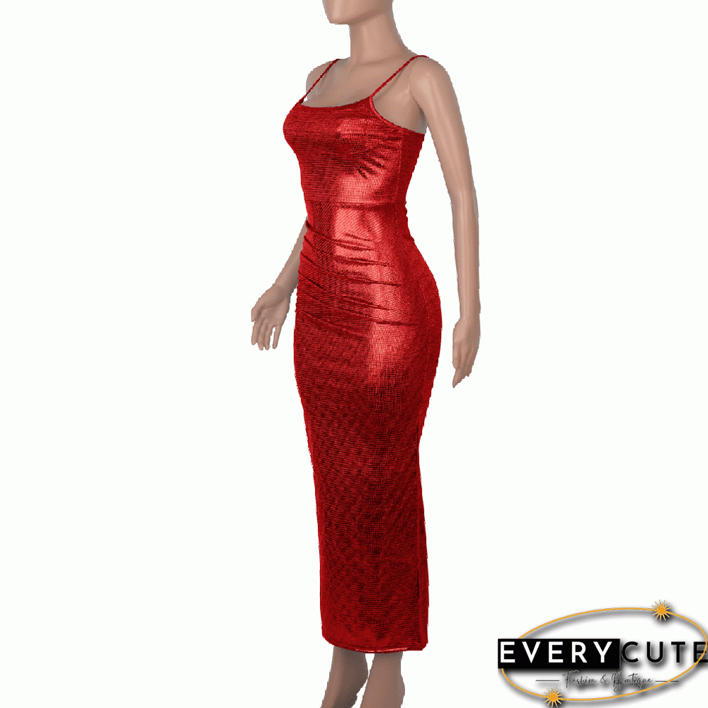 Red Sleeveless Ruched Midi Bodycon Dress