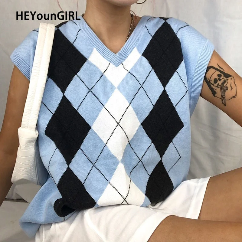 HEYounGIRL Casual Loose Sleeveless Sweater Vest Women Autumn Argyle Y2K Preppy Style Jumpers Pullover Ladies V Neck Plaid Winter