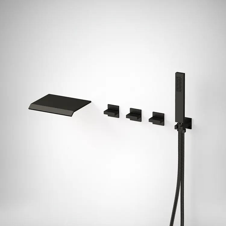 EVERSTEIN Three Handle Waterfall Bathtub Faucet in Matte Black, 6.25" Spout Reach