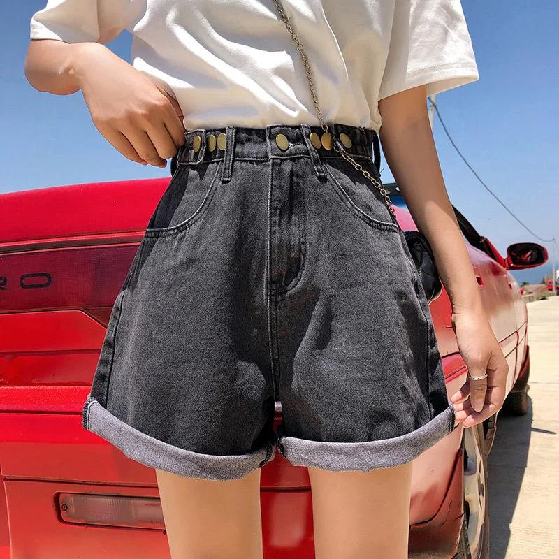 FTLZZ Summer Vintage Women High Waist Button Blue Denim Shorts Casual Female Solid Color Wide Leg Loose Gray Jeans Shorts