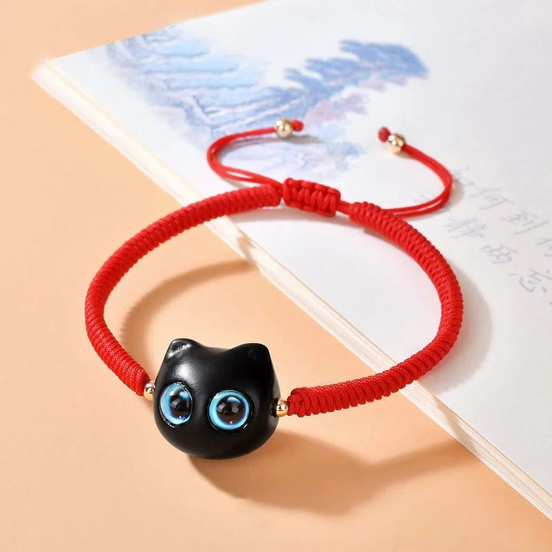 Ebony Wood Cat Head Pattern Peace King Kong Knot Braided Bracelet