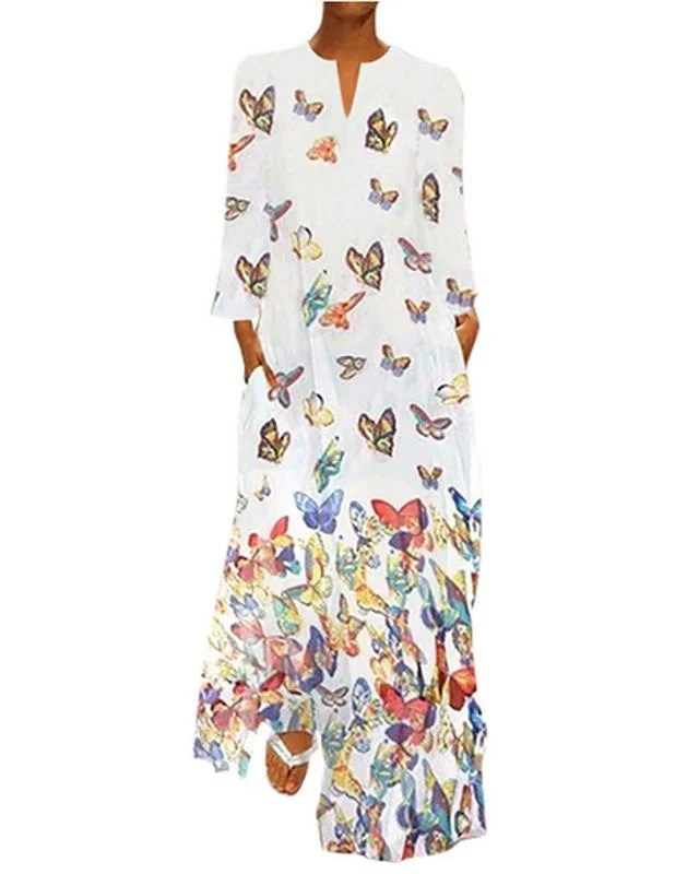 Women's Shift Dress Maxi Long Dress - Long Sleeve Butterfly Spring Fall Hot Loose White Yellow Blushing Pink Light Blue