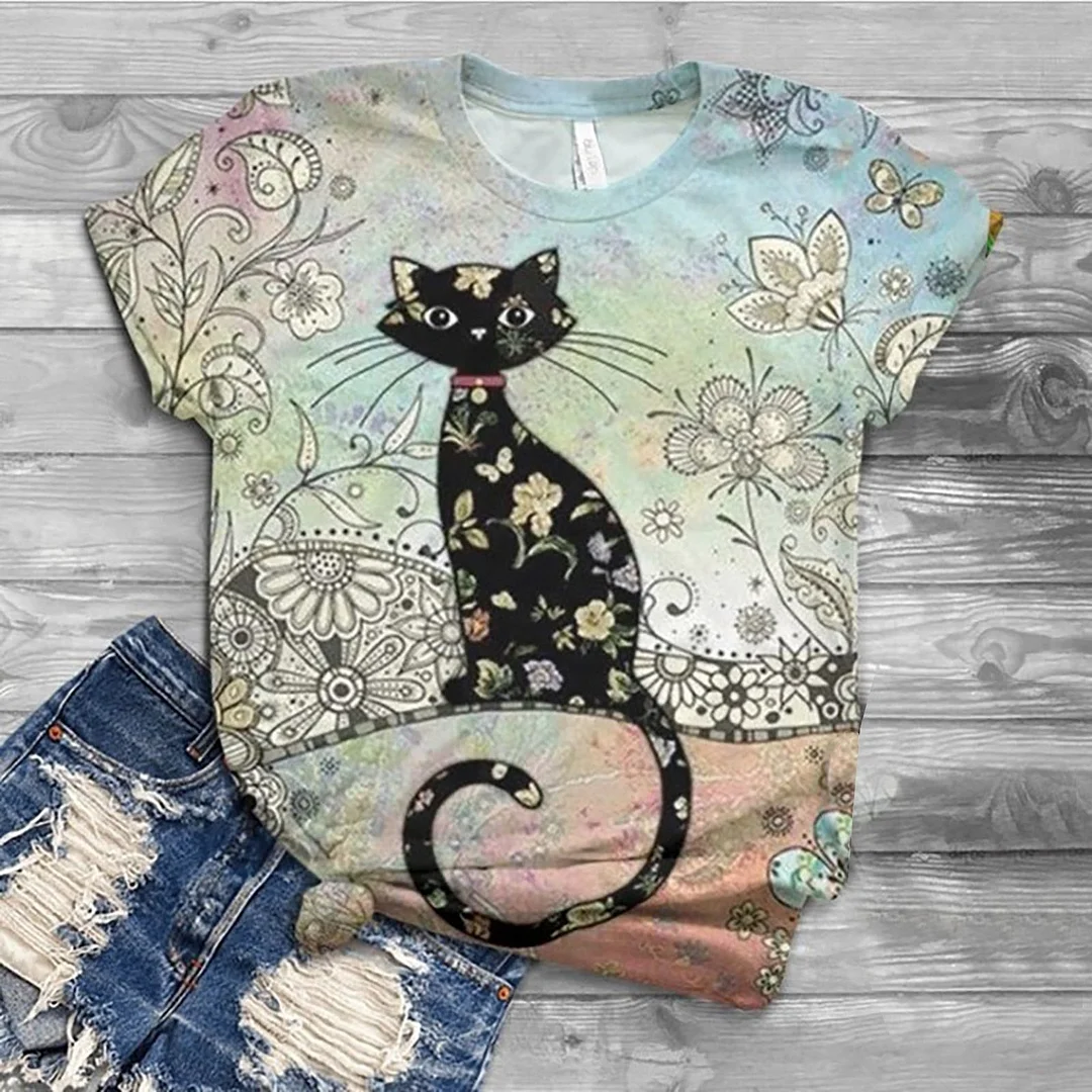 Plus Size Fashion Cute Cat Floral Blouse Shirt O-Neck Tops Tee Casual Summer Ladies Female Women Long Sleeve Blusas Pullover