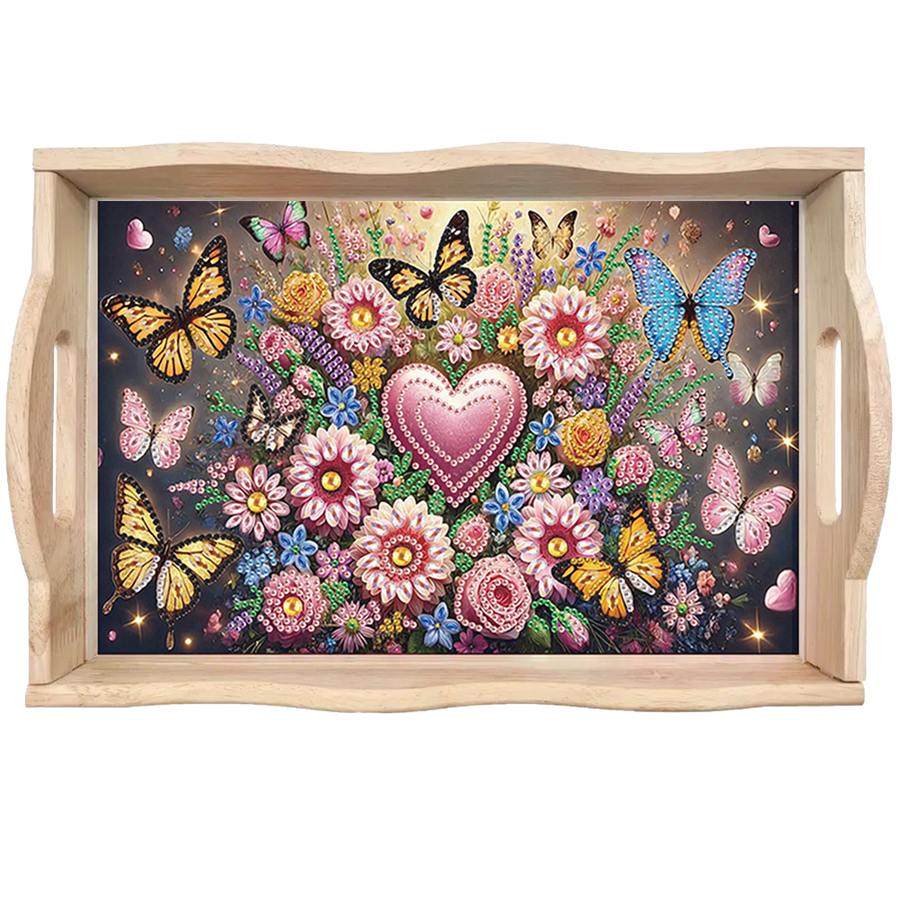 Diamond Painting Wooden Serving Tray Diamond Art Dining Plate (Flower Butterfly)