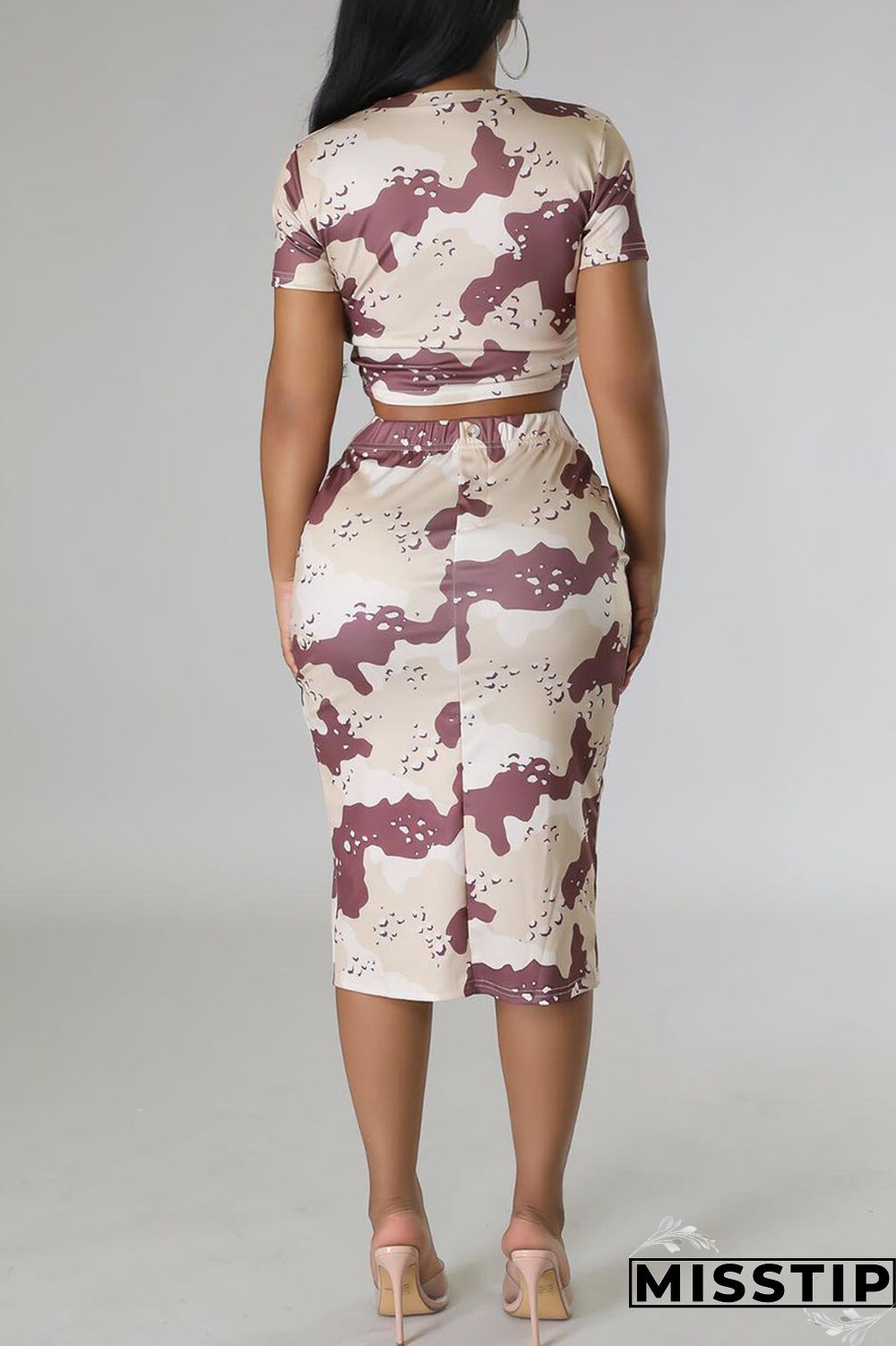 Coffee Casual Print Patchwork Slit O Neck Short Sleeve Two Pieces