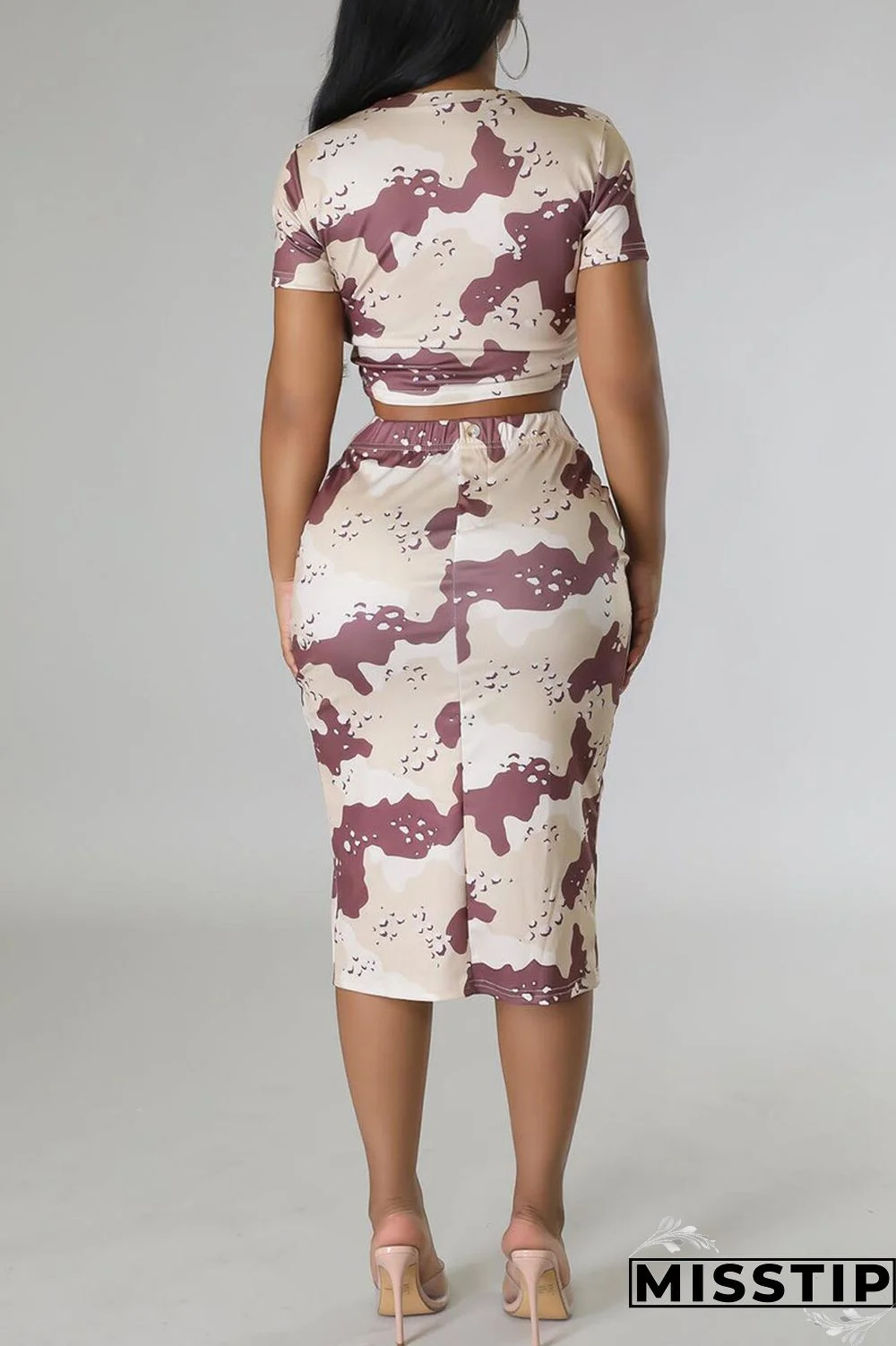 Coffee Casual Print Patchwork Slit O Neck Short Sleeve Two Pieces