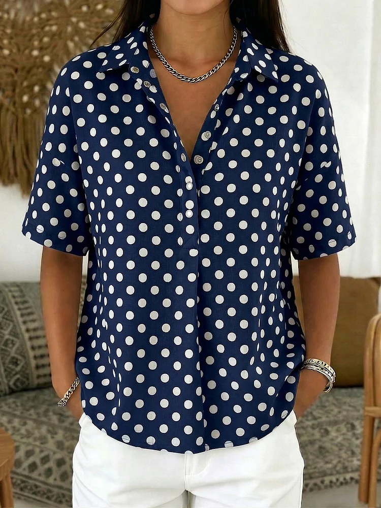 Retro Polka-dot Print Cotton-linen Polo Blouse