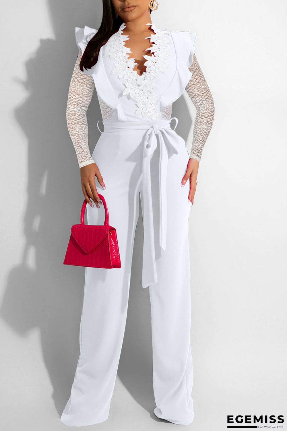 White Sexy Solid Lace Bandage Patchwork Flounce V Neck Straight Jumpsuits | EGEMISS