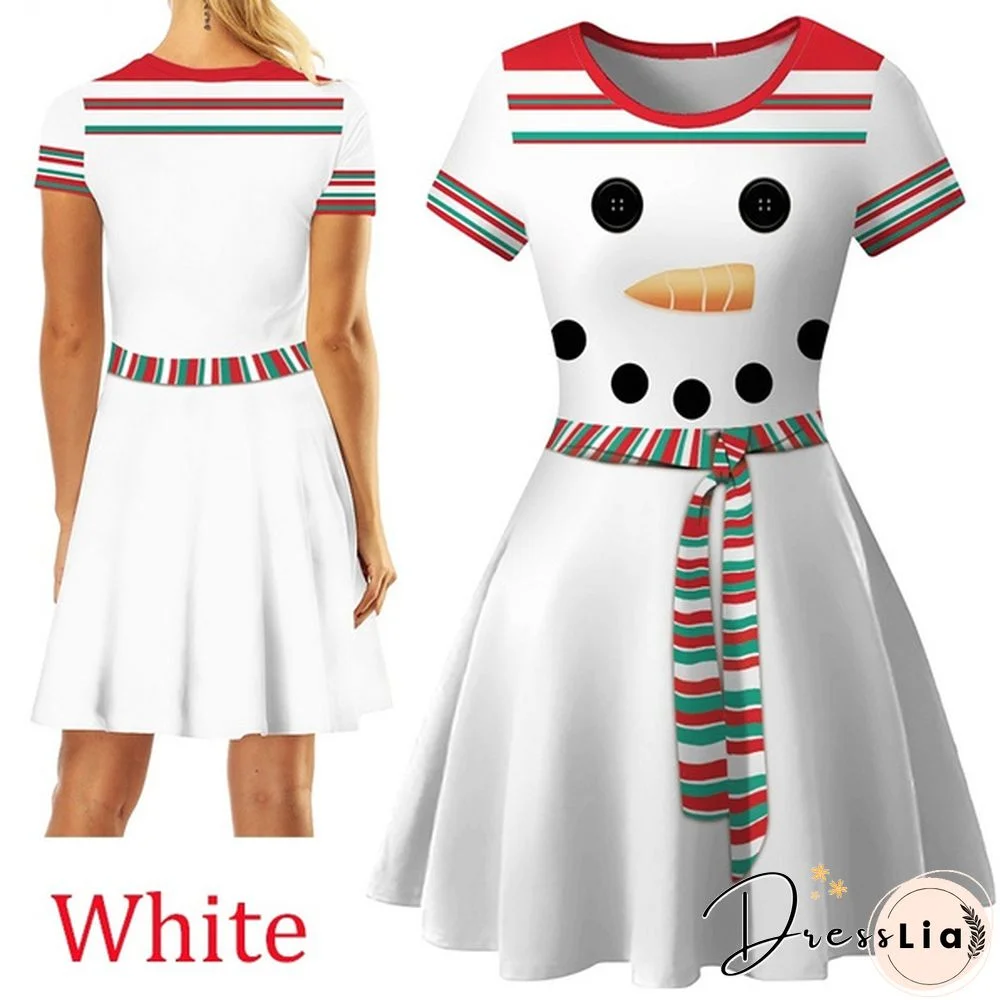 Christmas Deer Elk Snowman Print Short Sleeve Dress Xmas Santa Claus Women Dress