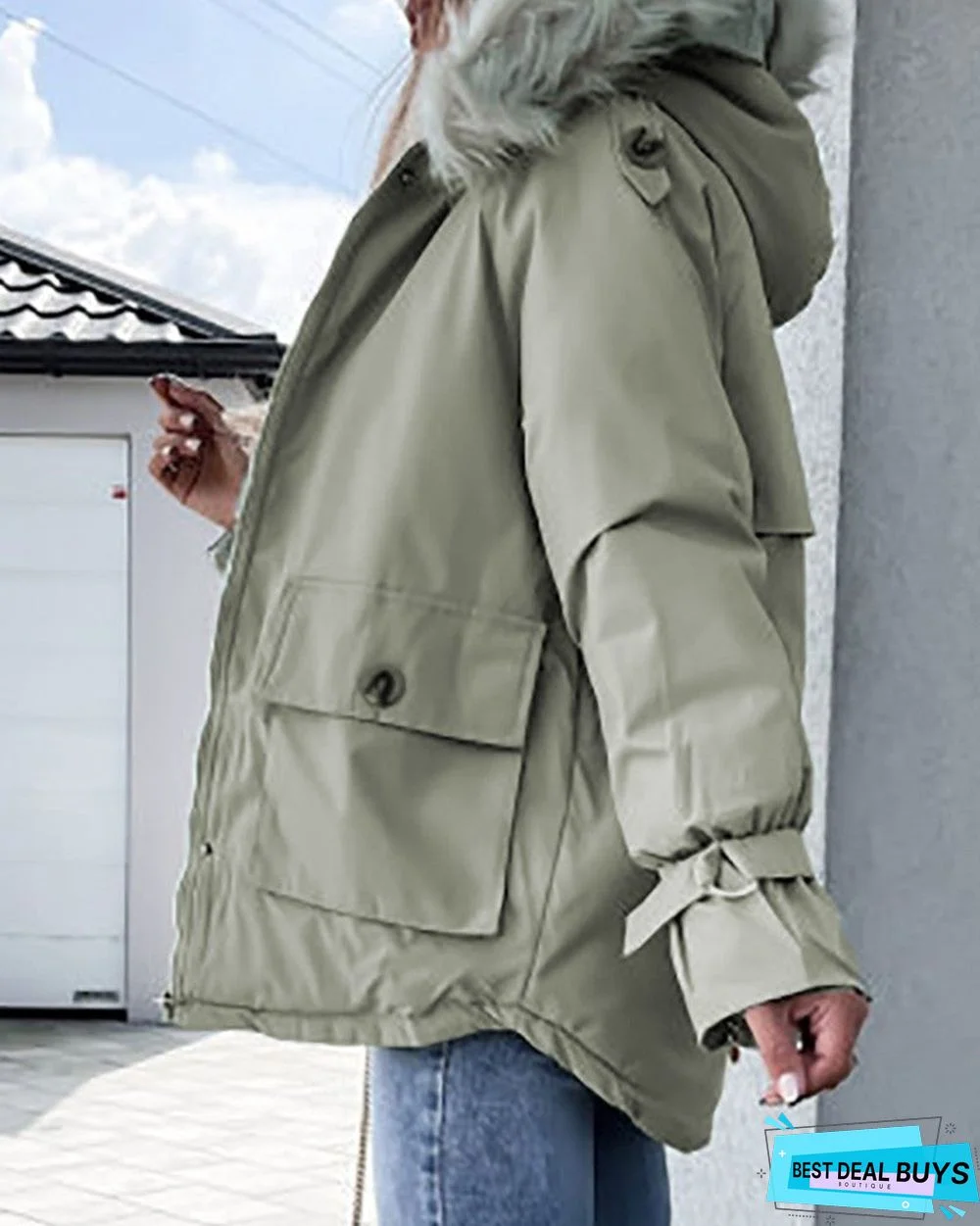 Faux Fur Patch Pocket Zipper Design Hooded Parker Coat