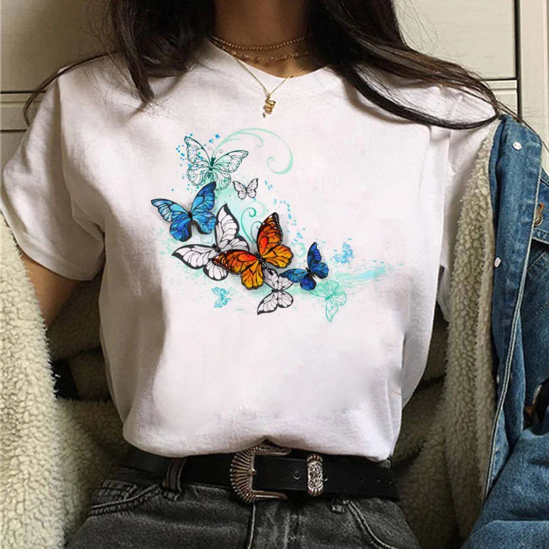Women Red and Black Butterfly Fashion T Shirt Girl Harajuku Korean Style Graphic Tops Valentine's Day Female T-shirt,Drop Ship