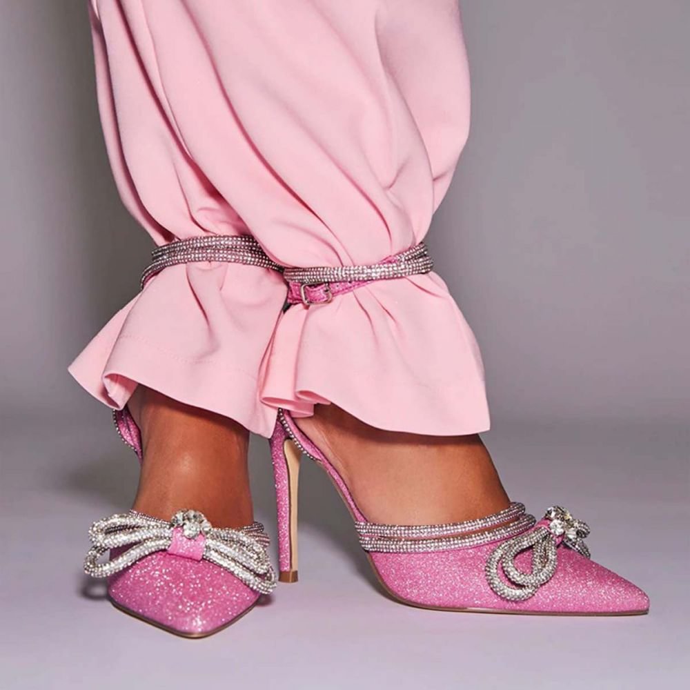 Pink Glitter Pointed Toe Pumps Rhinestone Bow Strappy Heels For Engagement Nicepairs
