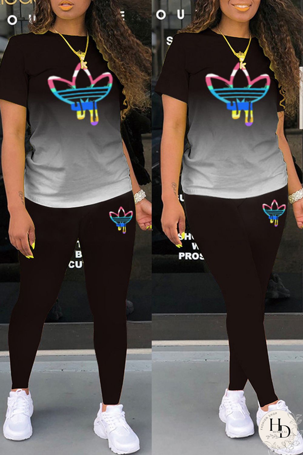 Black Casual Gradual Change Print Basic O Neck Short Sleeve Two Pieces