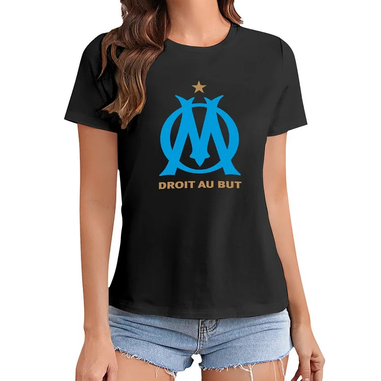 Olympique De Marseille Sculpture White Letters T-Shirt À Col Rond À Manches Courtes Gildan Pour Femme